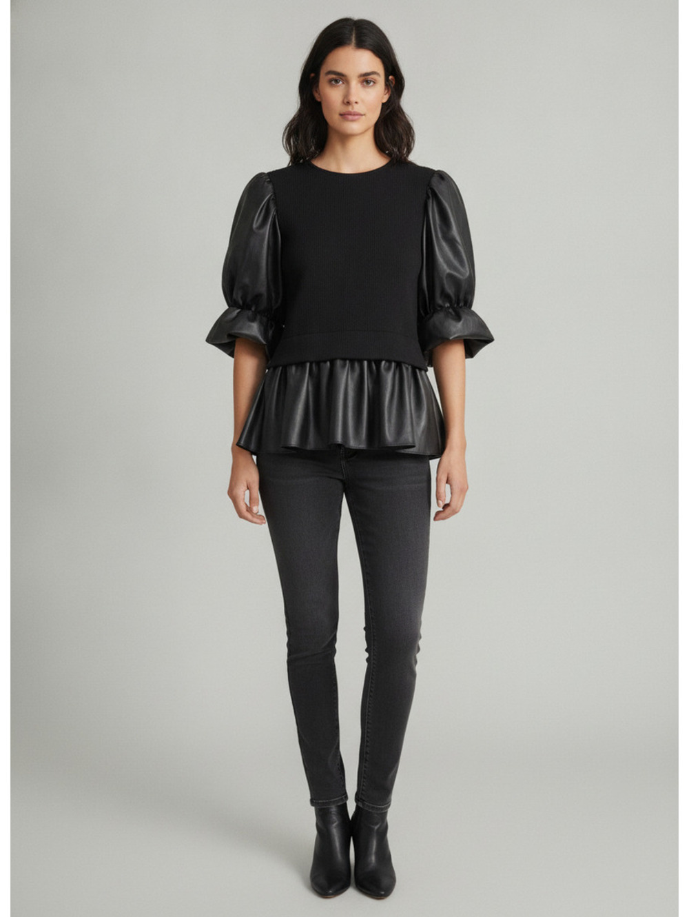 THML Faux Black Leather and Knit Peplum and Balloon Sleeve (Mixed Media)Size M